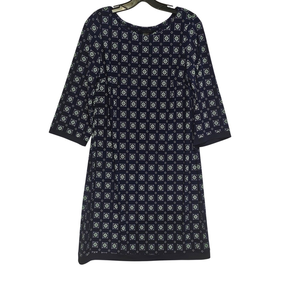 Tommy Hilfiger Navy Geometric Print 3/4 Sleeve Shift Dress Women Size 6